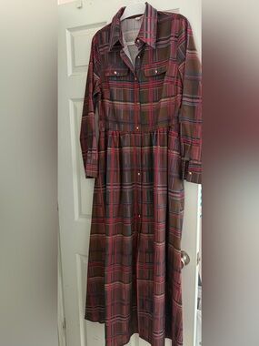 Western Style Plaid Maxi Shirt Dress with Button-Front in Burgundy Plaid